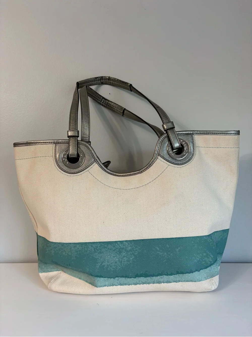 Coach RARE Vintage Starfish Beach Tote Bag Canvas Silver Metallic F19212
